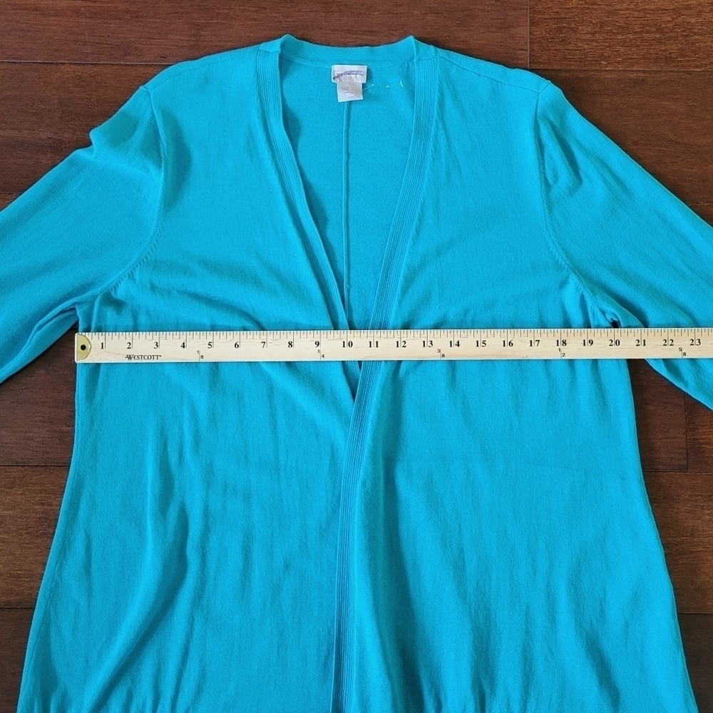 Chico's Stitch-Detail Open Front Mid-Length Cardigan Sweater Women's L Turquoise - Picture 7 of 9
